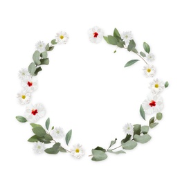 Image of Wreath made of beautiful flowers on white background