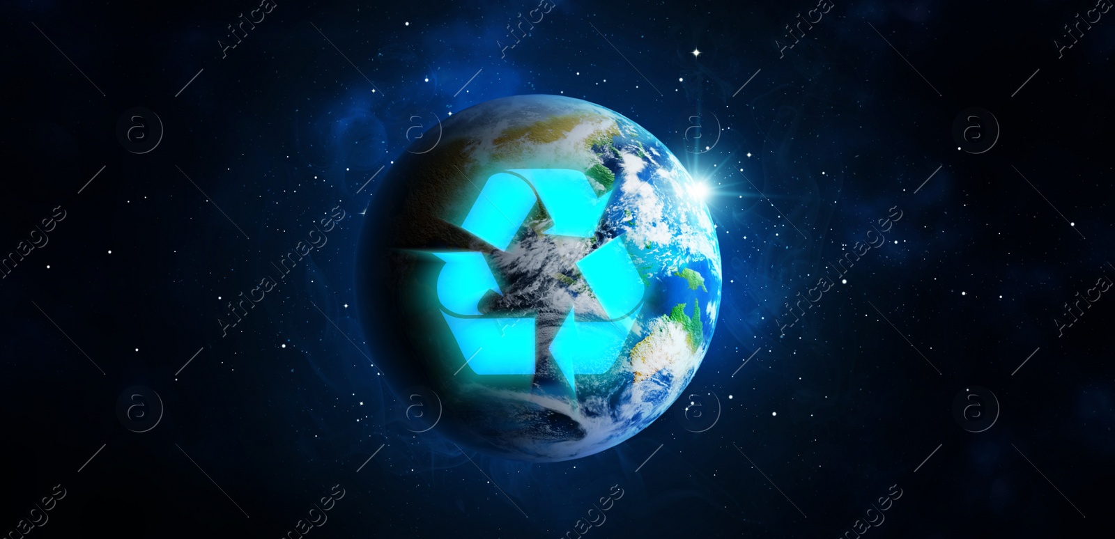 Image of Illustration of recycling symbol and Earth in starry sky. Banner design