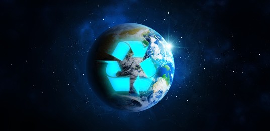 Image of Illustration of recycling symbol and Earth in starry sky. Banner design