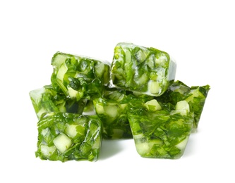 Photo of Ice cubes with cucumber slices and herbs on white background