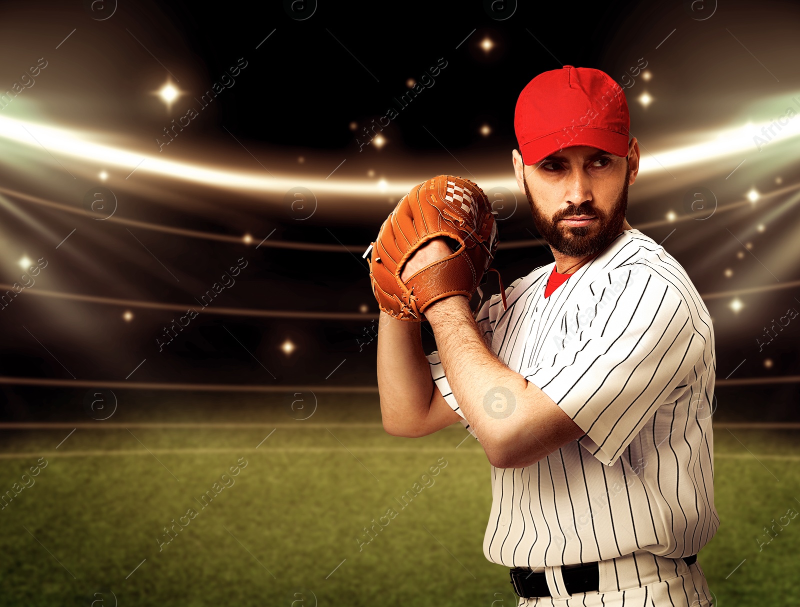 Image of Professional baseball player with glove on stadium. Space for text