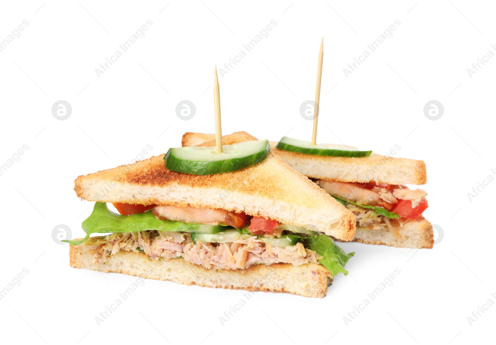 Photo of Delicious sandwiches with tuna and vegetables on white background