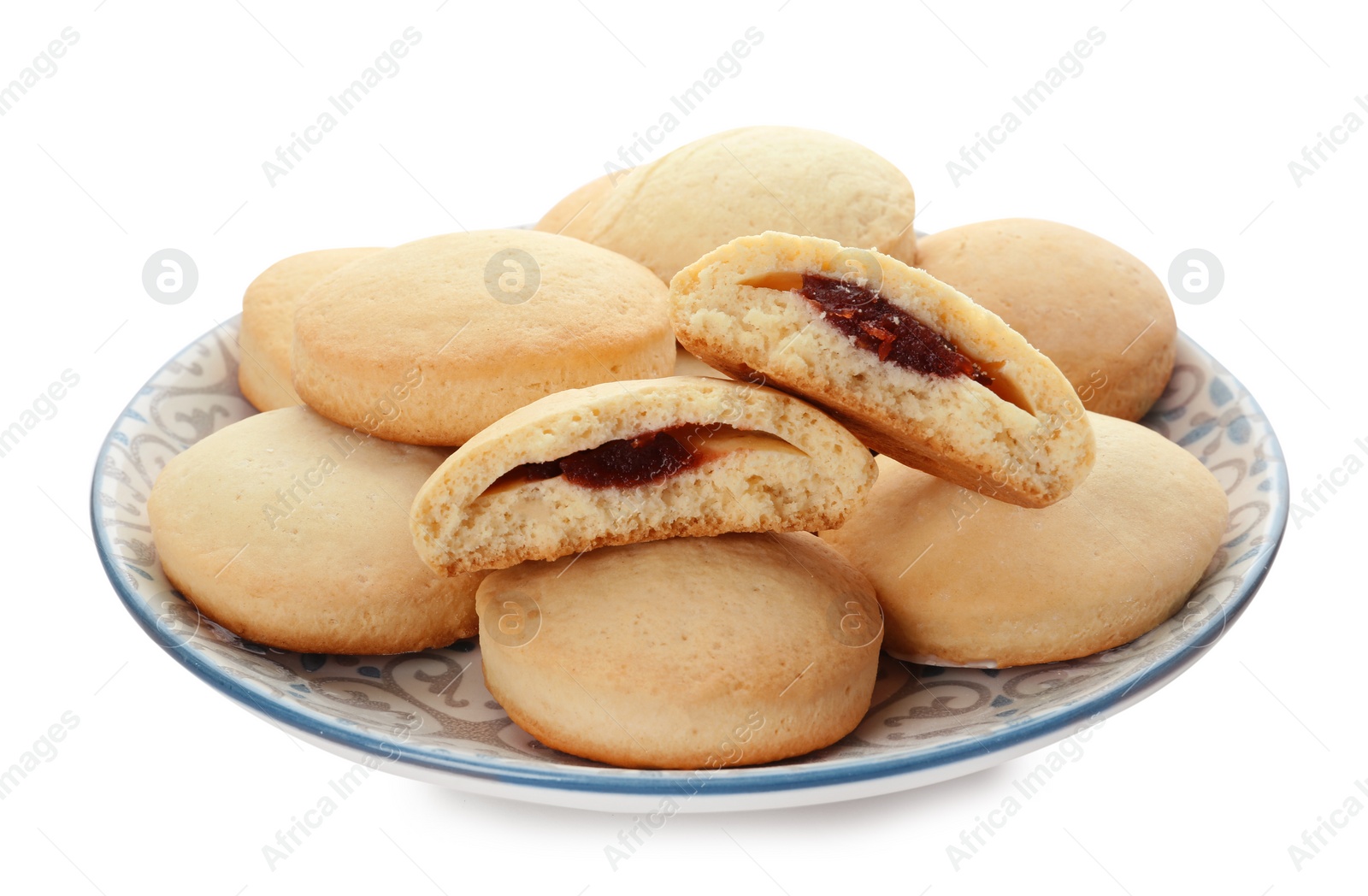 Photo of Plate with cookies for Islamic holidays isolated on white. Eid Mubarak