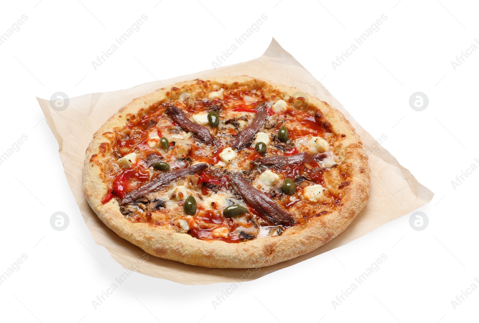 Photo of Tasty pizza with anchovies, arugula and olives isolated on white