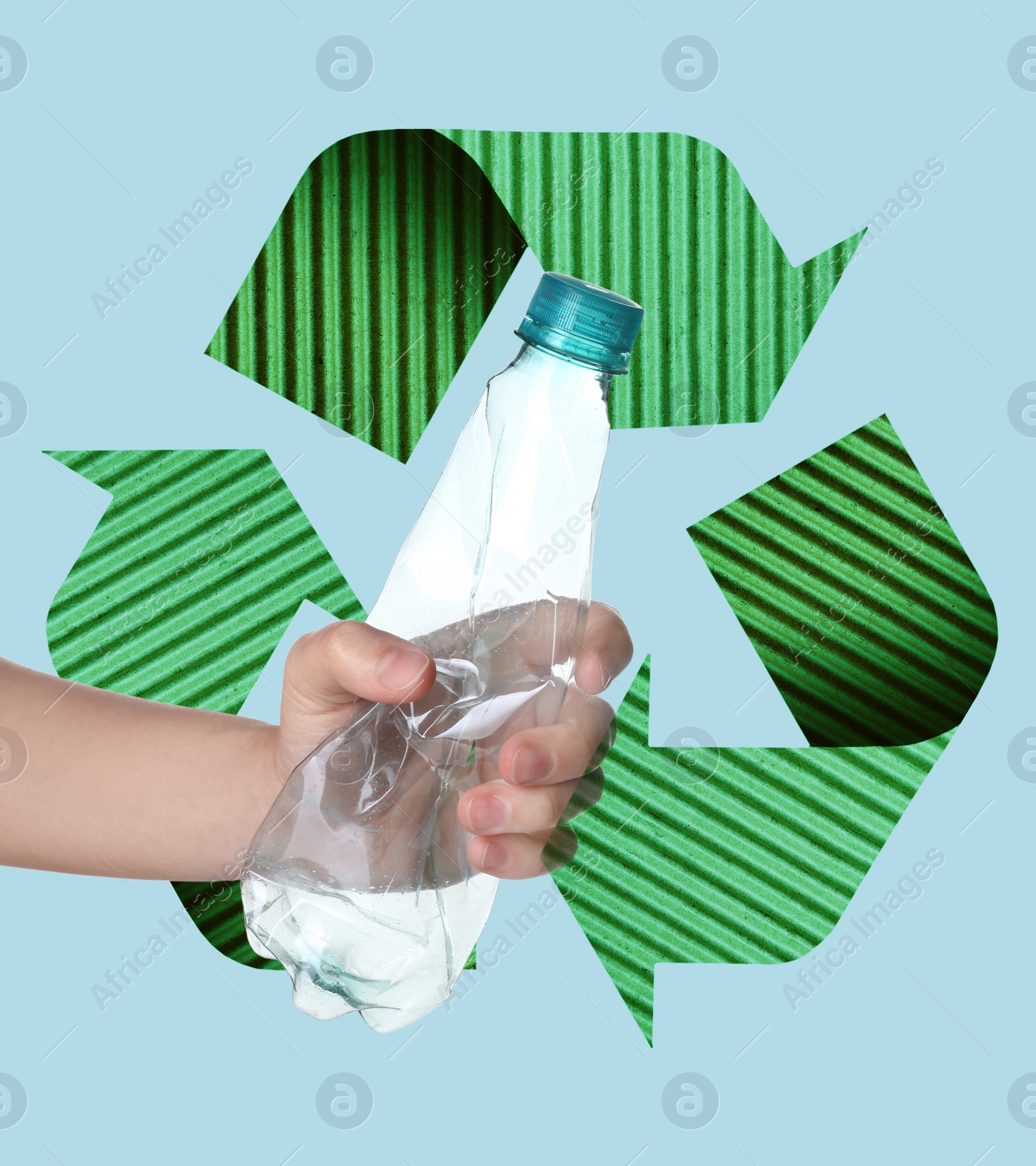 Image of Illustration of recycling symbol and woman holding plastic bottle on light blue background, closeup