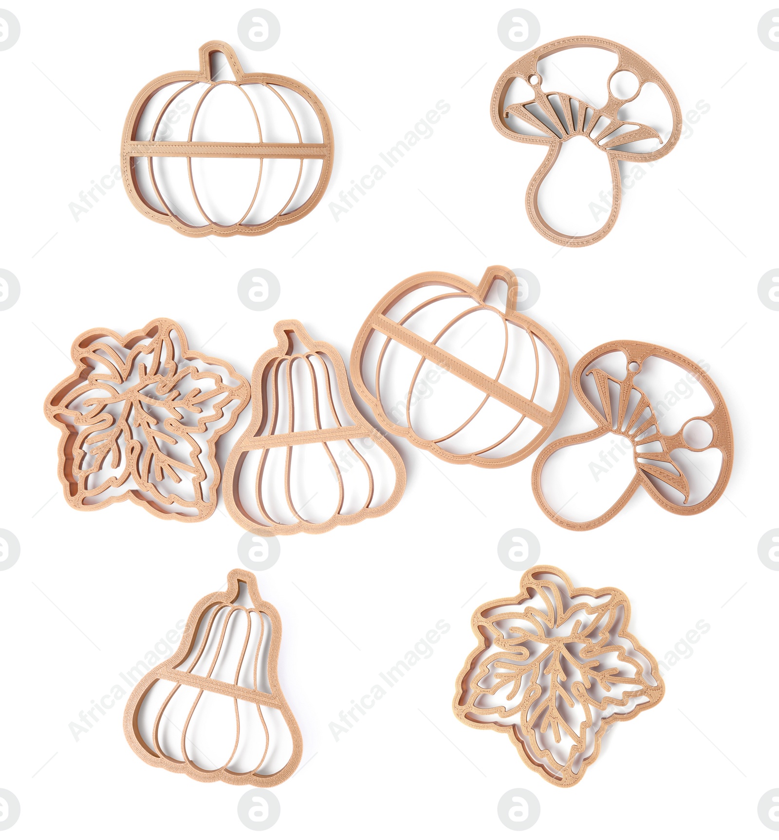 Image of Set with cookie cutters of different shapes on white background, top view