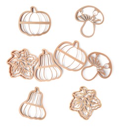 Image of Set with cookie cutters of different shapes on white background, top view