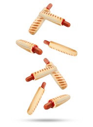 Image of Yummy French hot dogs with grilled buns falling on white background