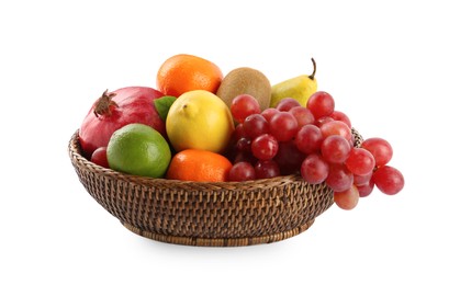 Photo of Fresh ripe fruits in wicker bowl on white background