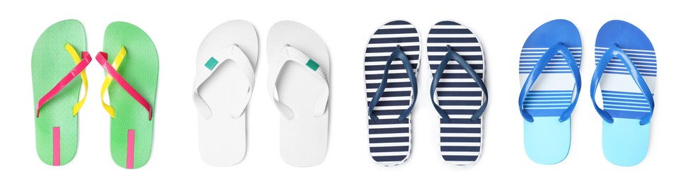 Image of Set with different flip flops on white background, top view. Banner design