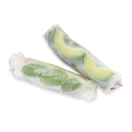 Delicious spring rolls wrapped in rice paper isolated on white, top view