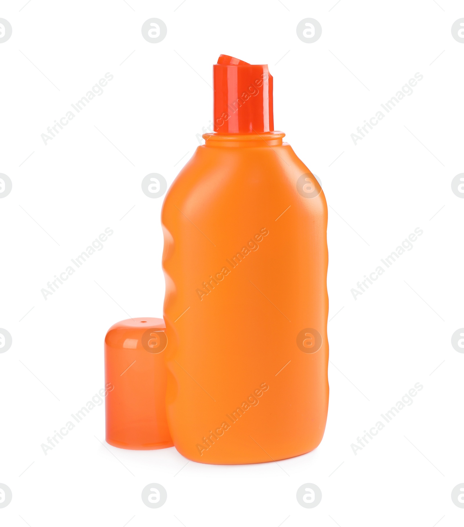 Photo of Bottle with sun protection lotion isolated on white