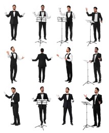 Image of Collage with photos of professional young conductor with baton on white background