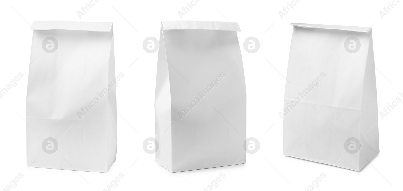 Image of Set with paper bags on white background. Banner design