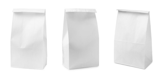 Image of Set with paper bags on white background. Banner design