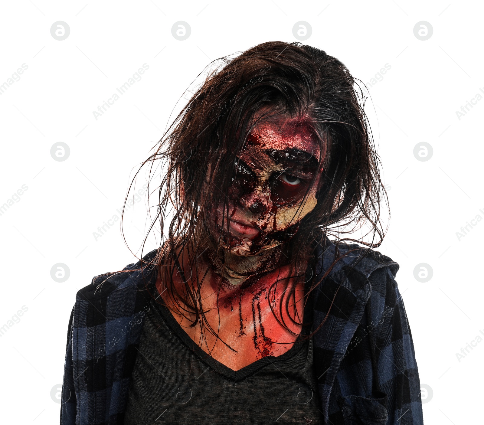 Photo of Scary zombie on white background. Halloween monster