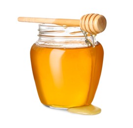 Photo of Tasty honey in glass jar and dipper isolated on white