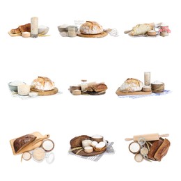 Collage with sourdough starter and different freshly baked bread isolated on white. Leavening agent