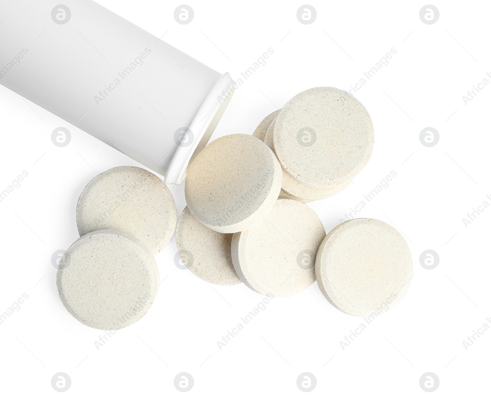 Photo of Bottle with vitamin pills isolated on white, top view