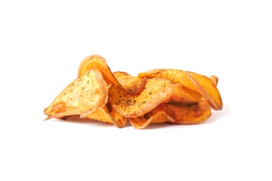 Pile of sweet potato chips isolated on white