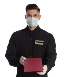 Photo of Waiter in medical face mask with menu on white background