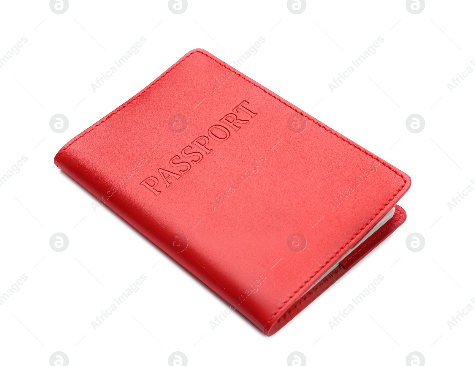 Photo of Passport in red leather case isolated on white