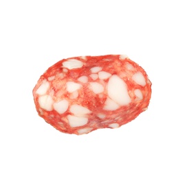 Photo of Cut fresh tasty sausage on white background