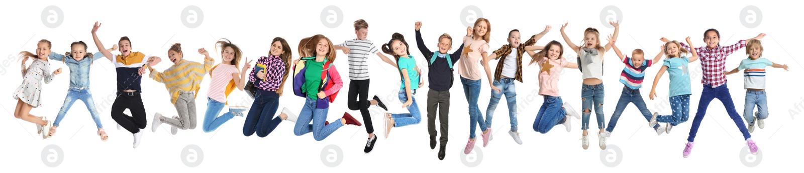 Image of Collage with photos of jumping children on white background. Banner design