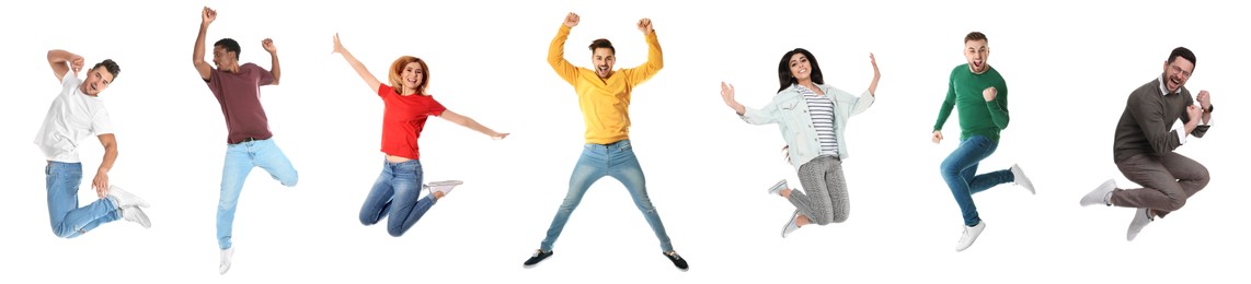 People jumping on white background, collage with photos
