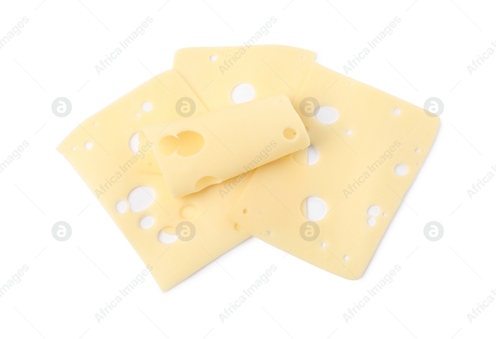 Photo of Slices of tasty fresh cheese isolated on white, top view