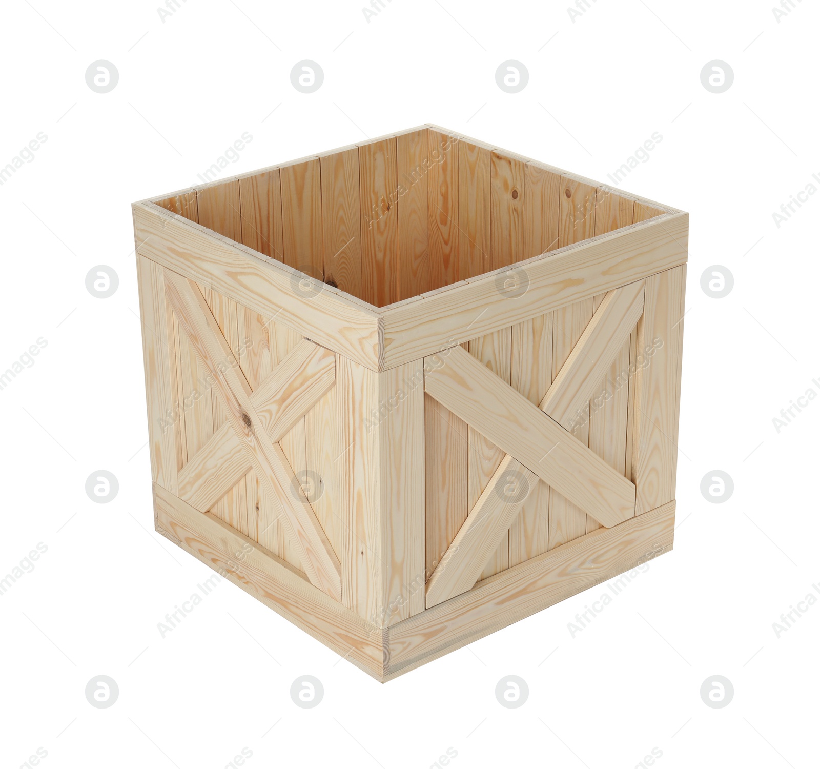 Photo of Open new wooden crate isolated on white