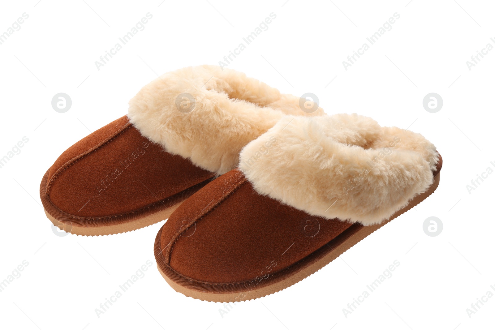 Photo of Pair of stylish soft slippers on white background