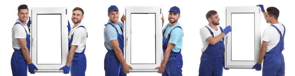 Image of Workers with plastic window on white background, collage. Installation service
