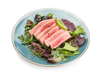 Pieces of delicious tuna steak with salad isolated on white