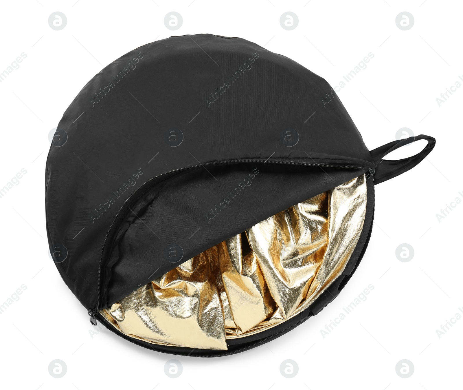 Photo of Bag with studio reflector isolated on white. top view. Professional photographer's equipment