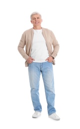 Photo of Handsome mature man in stylish clothes on white background