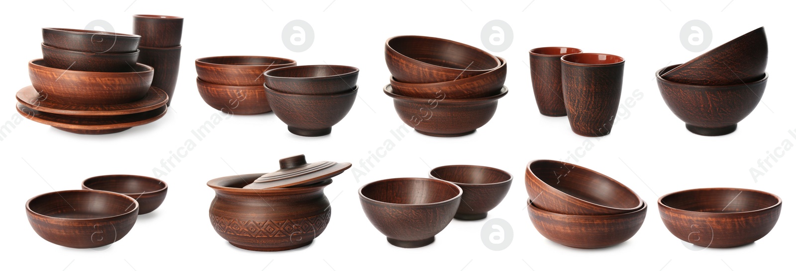 Image of Set with stylish clay dishes on white background. Banner design