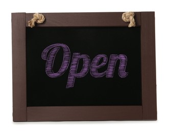 Image of Small chalk board with word Open isolated on white