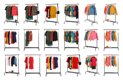 Image of Set of wardrobe racks with different clothes on white background