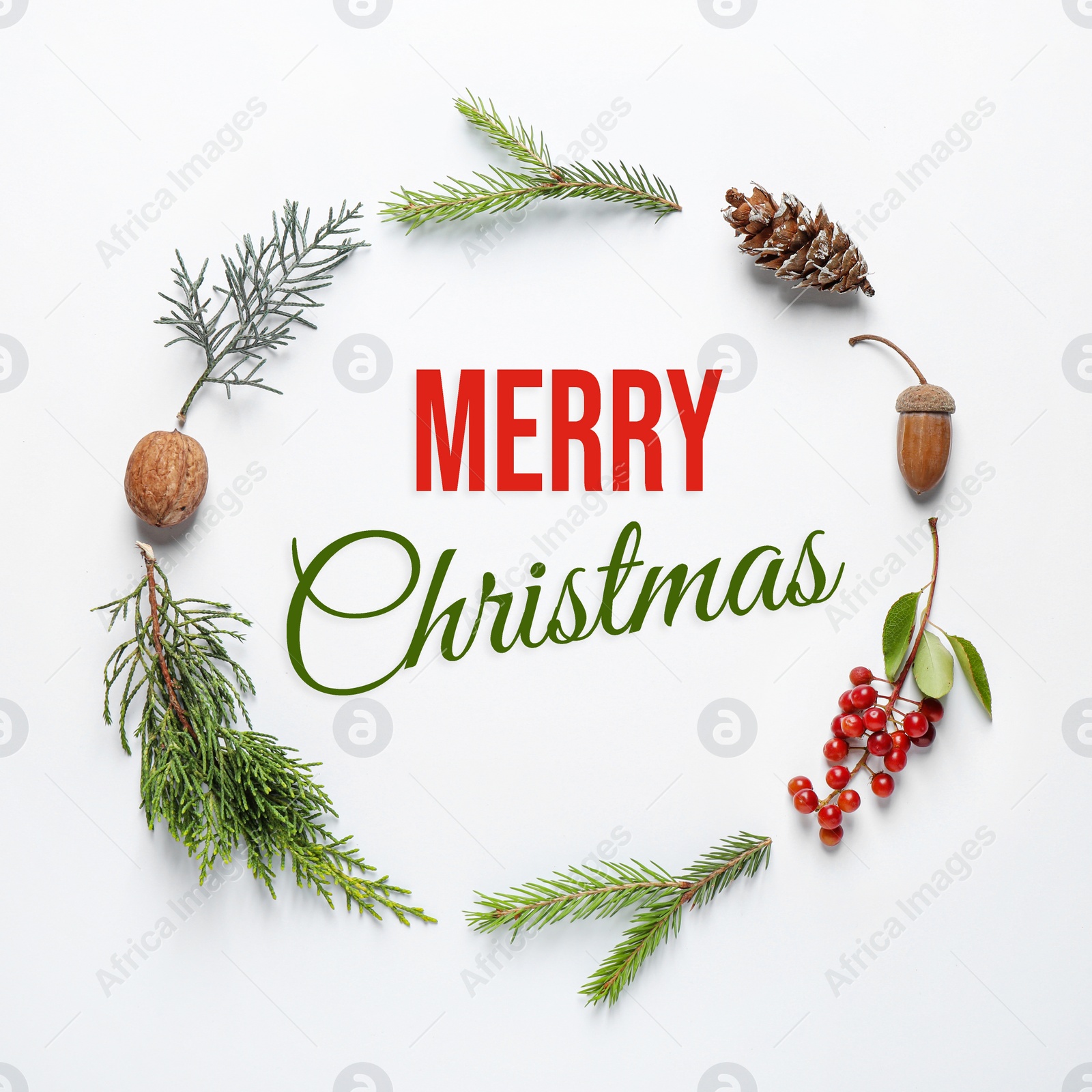 Image of Flat lay composition with text MERRY CHRISTMAS and natural decor on white background