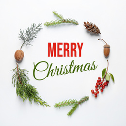 Image of Flat lay composition with text MERRY CHRISTMAS and natural decor on white background