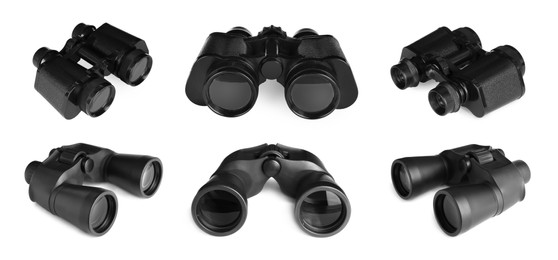 Collage with different black binoculars on white background