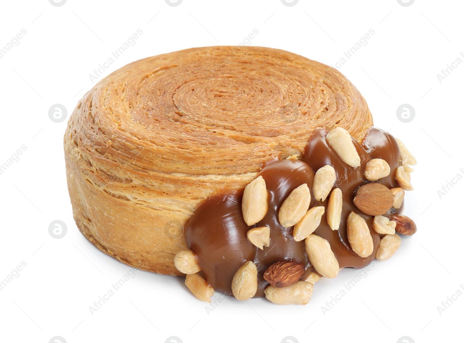 Photo of Round croissant with chocolate paste and nuts isolated on white. Tasty puff pastry