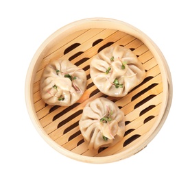 Photo of Bamboo steamer with tasty baozi dumplings on white background, top view