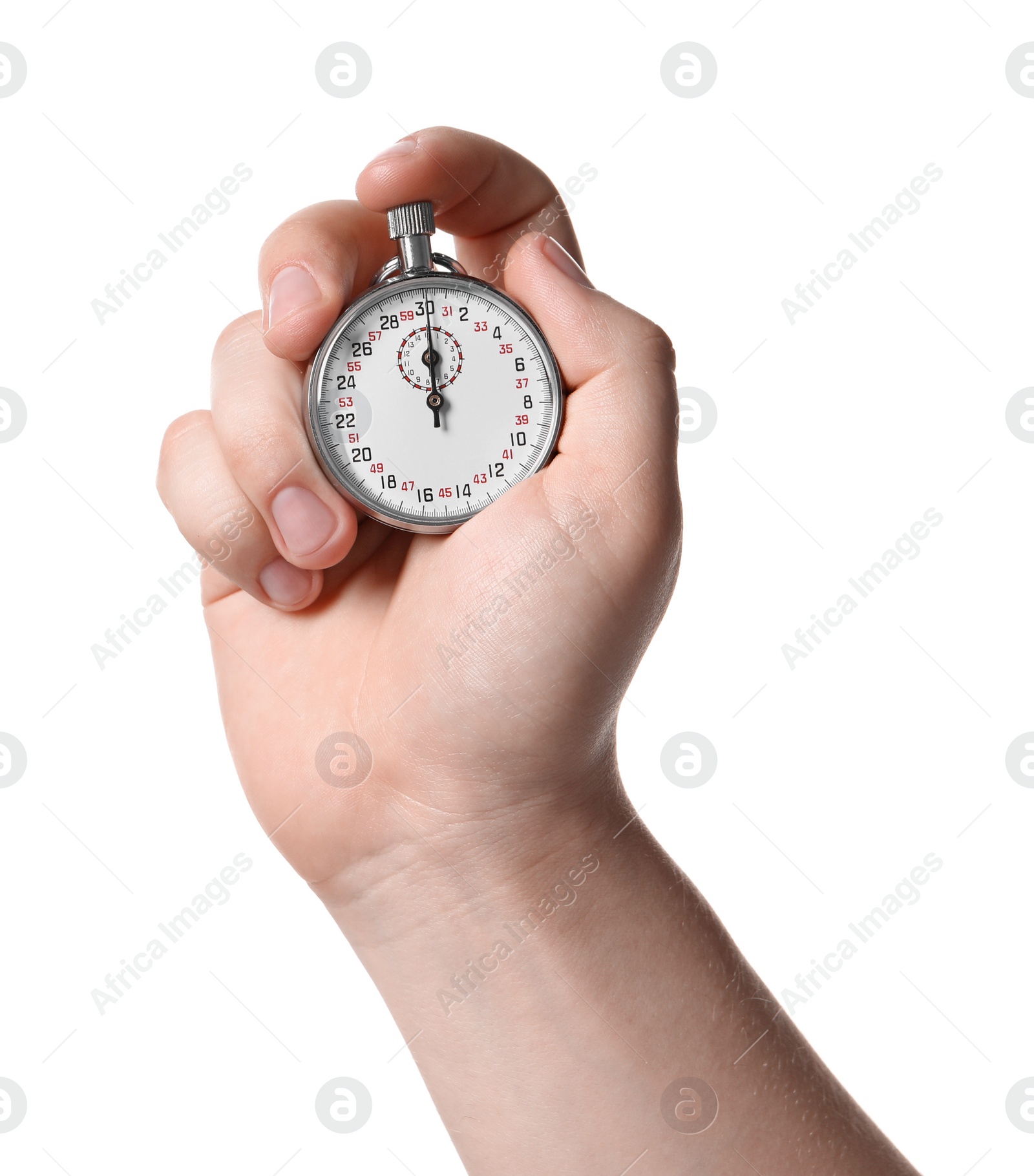 Photo of Man holding vintage timer on white background, closeup