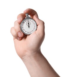 Photo of Man holding vintage timer on white background, closeup