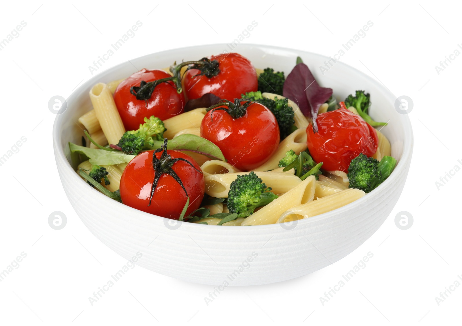 Photo of Bowl of delicious pasta with tomatoes, arugula and broccoli on white background