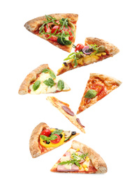 Image of Set with slices of different pizzas falling on white background