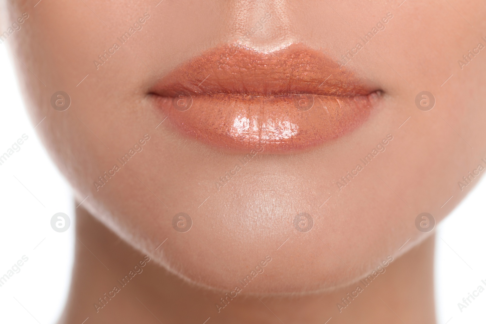 Photo of Young woman with glitter makeup on white background, closeup view