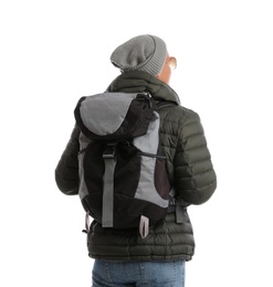 Photo of Man with backpack on white background, back view. Winter travel